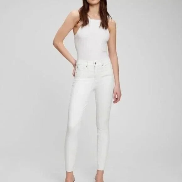 NWT Gap Denim True Skinny High Rise Casual Chic Raw Hem Ankle Jeans in White - Picture 2 of 14